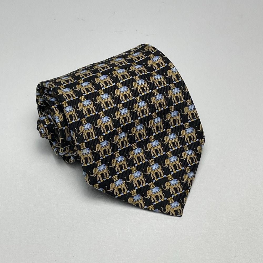 Brooks Brothers Makers Tie Black Brown Silk Elephant Animal USA Italy